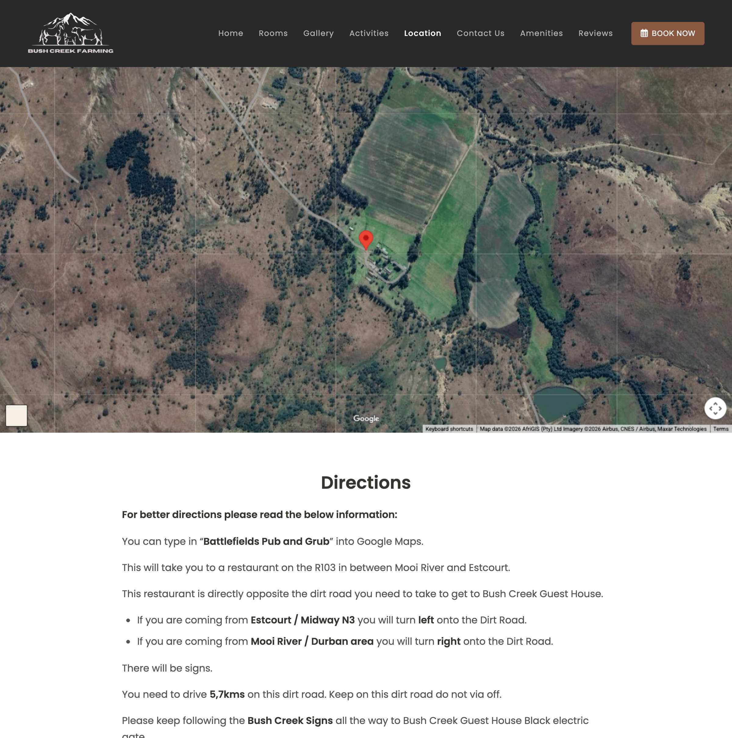 Bush Creek Guest House — inquiry and location sections