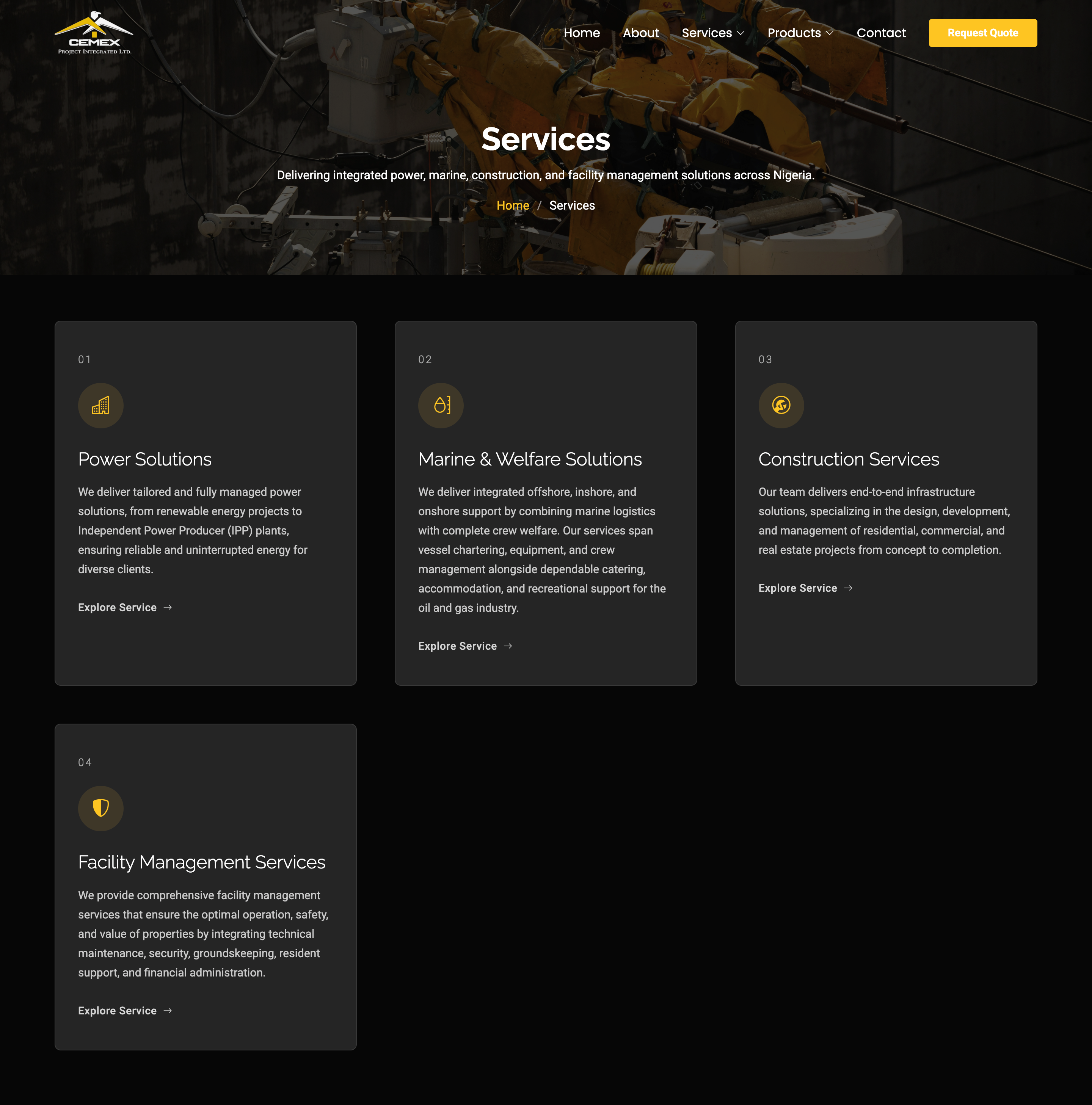 Cemex Project Integrated — cinematic dark hero with glassmorphism statistics panel