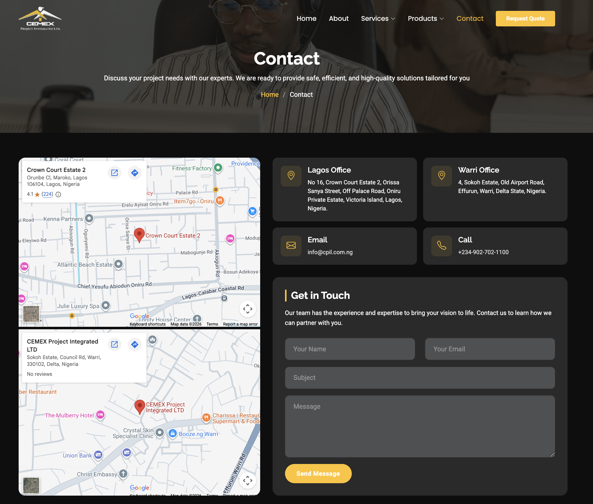 Cemex Project Integrated — gold-accented service card grid, six verticals