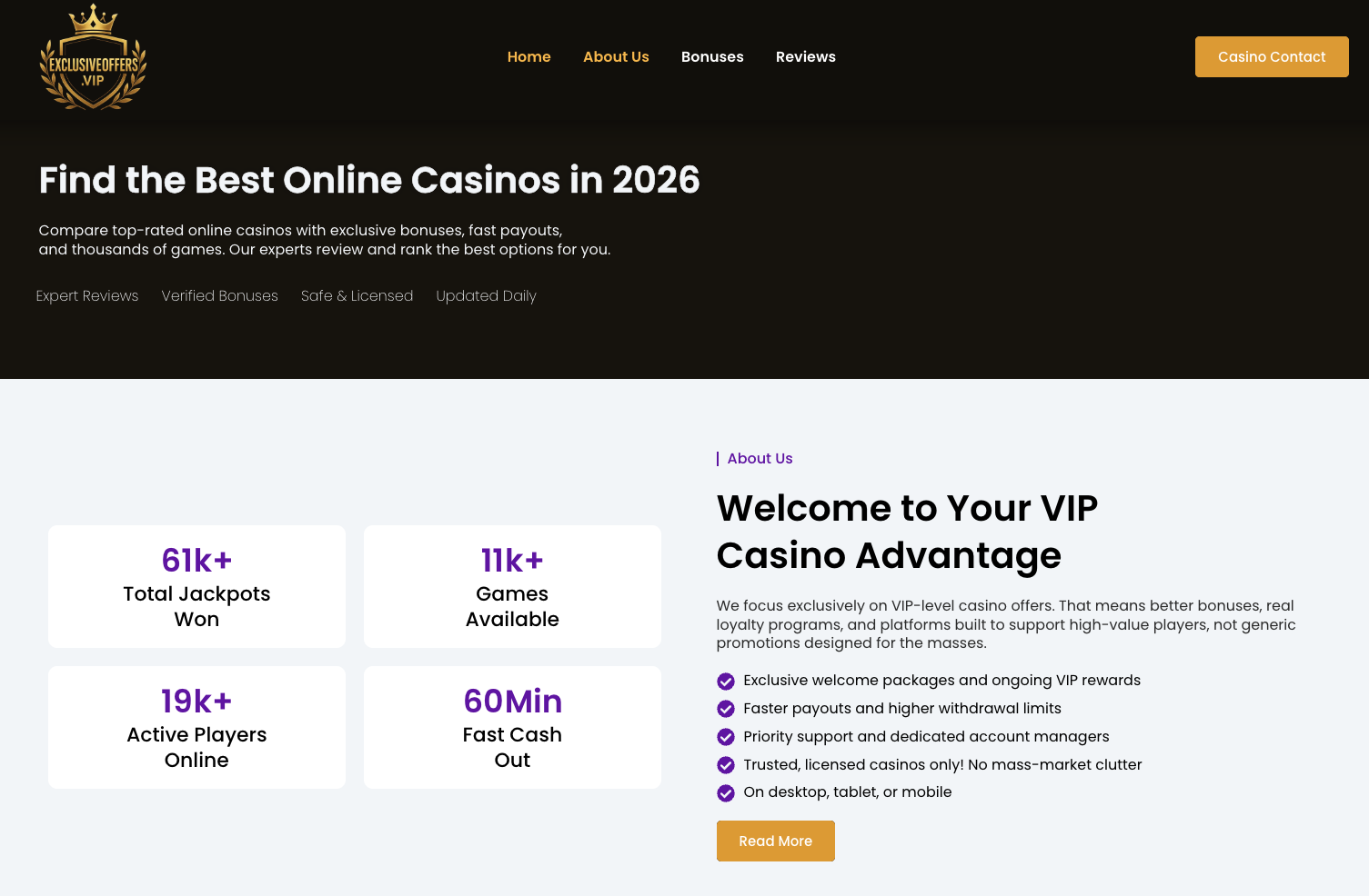 Exclusive Offers VIP - luxury hero section with gold typography and lifestyle imagery